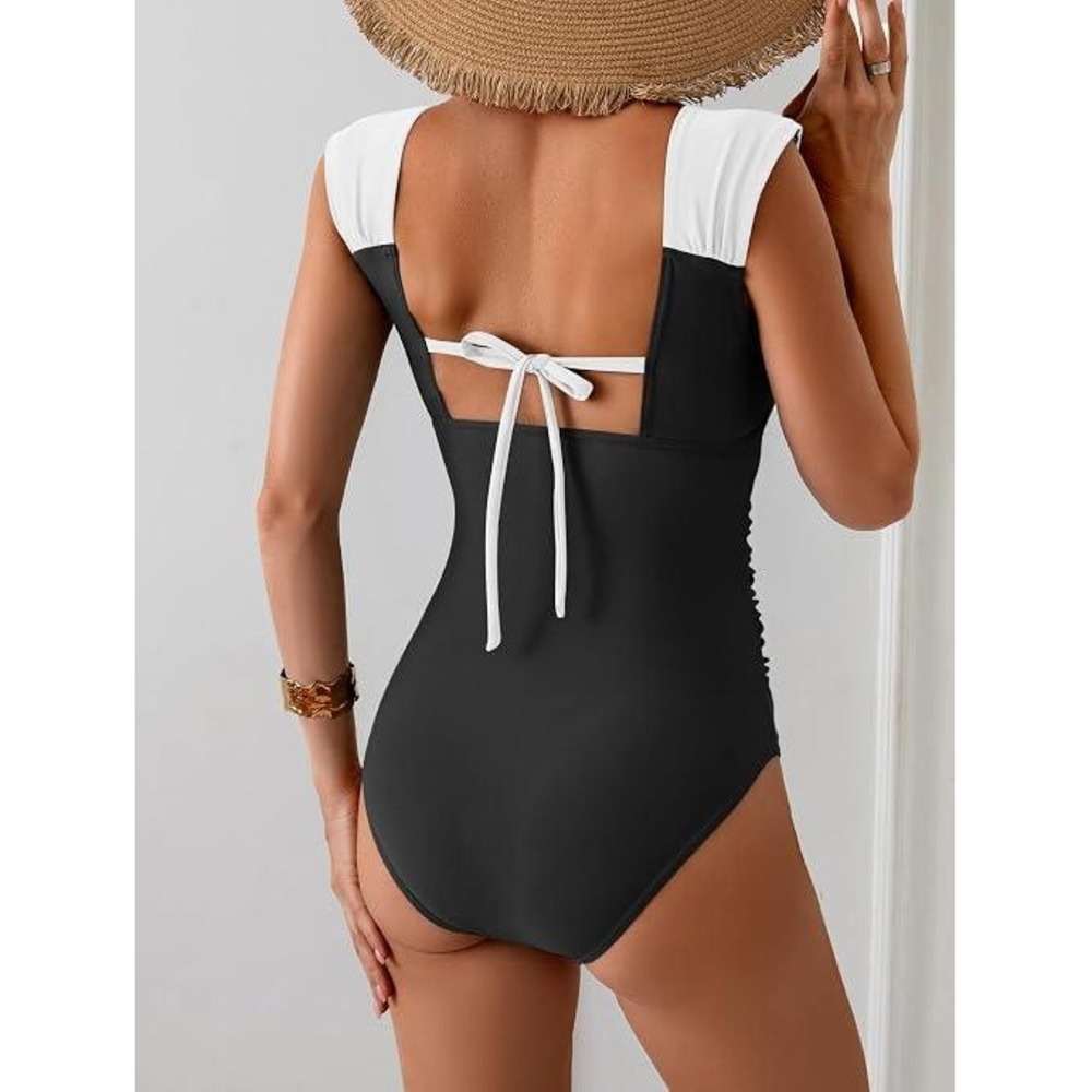 B2prity Womens One Piece Swimsuit Tummy Control Black White Ruched Medium - Picture 2 of 9
